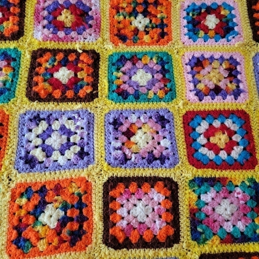 Vintage Granny Square Afghan Throw Blanket Rainbow Multi color Boho Handmade